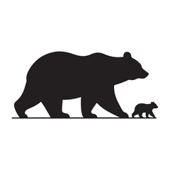 Bear walking with cub trailing behind vector silhouette outline logo design illustration