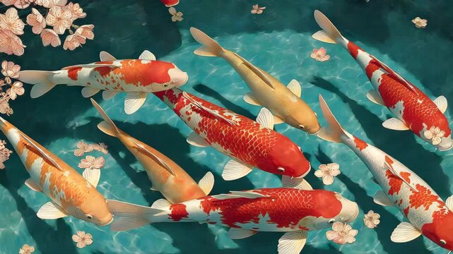 Colorful Koi Carp Swimming Gracefully in a Tranquil Blue Pond with Sakura Blossoms