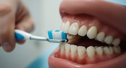 Close-up of a toothbrush brushing teeth in an open mouth.  A hand holds the toothbrush,  with bristles  cleaning  the visible teeth.  Pink gums and white teeth are prominent