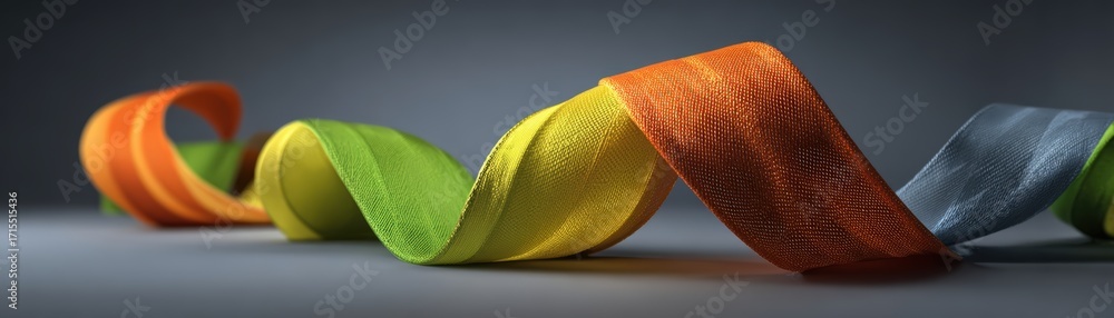 Poster vibrant multicolored satin ribbon twisting and curling on a smooth reflective surface with a dark ba