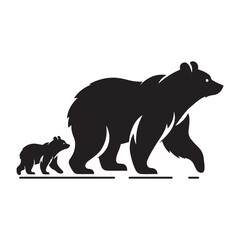 Bear walking with cub trailing behind vector silhouette outline logo design illustration
