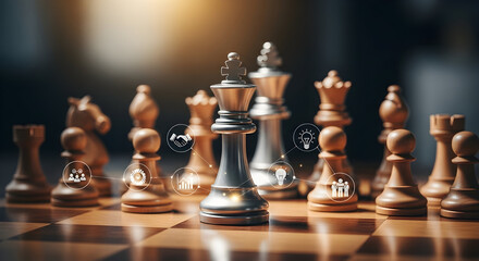 Strategic business decisions play out with chess pieces and digital icons