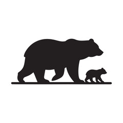 Fototapeta premium Bear walking with cub trailing behind vector silhouette outline logo design illustration