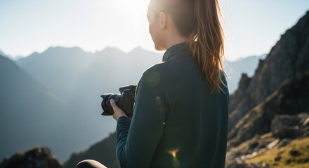 Woman photographs mountain vista at sunrise