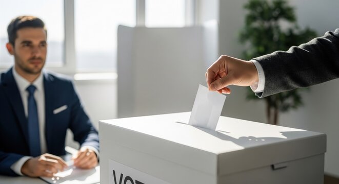 A person casting a vote.  Businessmen in a voting booth