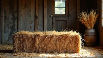 Rectangular hay bale rests on wooden floor inside old barn interior. Natural light streams through window, illuminating straw texture. Barrel with dried wheat stalks stands nearby, evoking rustic