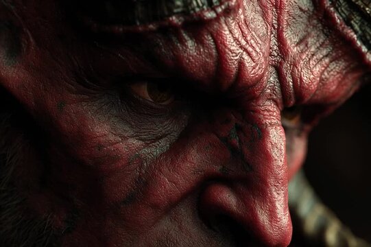 Halloween Demon with Authentic Horns and Red Skin, Professional Prosthetic Makeup Quality, Detailed Facial Structure, Realistic Fire Reflections in Eyes, Ultra-Detailed Skin, Cinematic Horror Lighting
