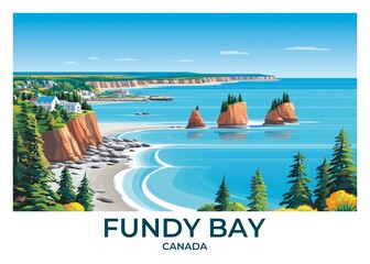 Bay of Fundy, Canada Flat Retro Poster illustration, Landscape Travel Wall Art, Vintage High quality prints