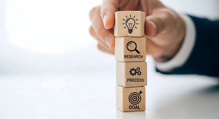 Business strategy blocks: idea, research, process, goal achievement