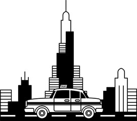 black and white isolate illustration of A taxi is driving down a city street