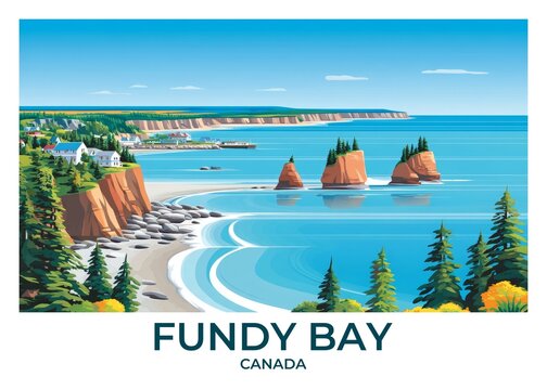 Bay of Fundy, Canada Flat Retro Poster illustration, Landscape Travel Wall Art, Vintage High quality prints