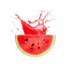 Untitled design - A vibrant watermelon slice explodes in a burst of red juice, creating a dynamic splash against a clean white backdrop (3)
