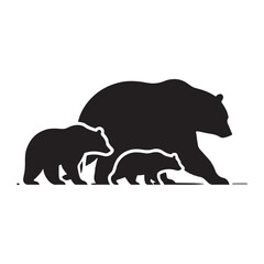 Bear walking with cub trailing behind vector silhouette outline logo design illustration