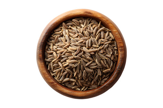 Cumin seeds in a wooden bowl isolated on transparent background