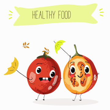 tamarillo or Solanum betaceum funny characters, hand drawn vector illustration.