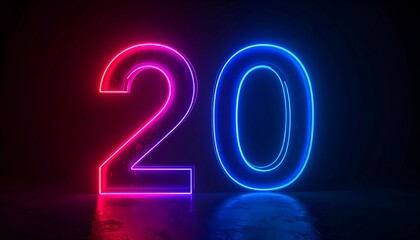 Neon glowing number 20 on dark background