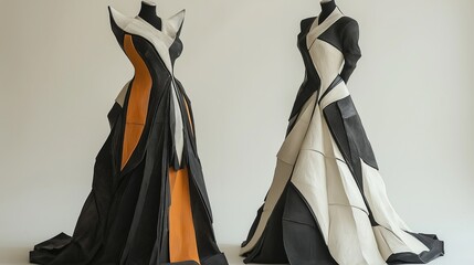 Striking geometric black and white formal evening gowns featuring bold contrasting colors and dramatic voluminous skirts perfect for a runway show