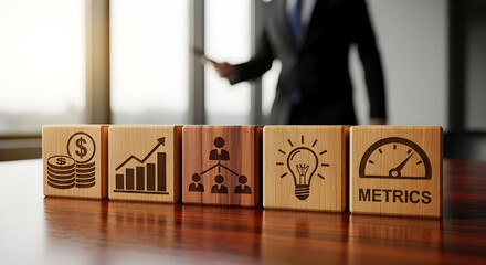 Business strategy blocks show growth, ideas, and success metrics