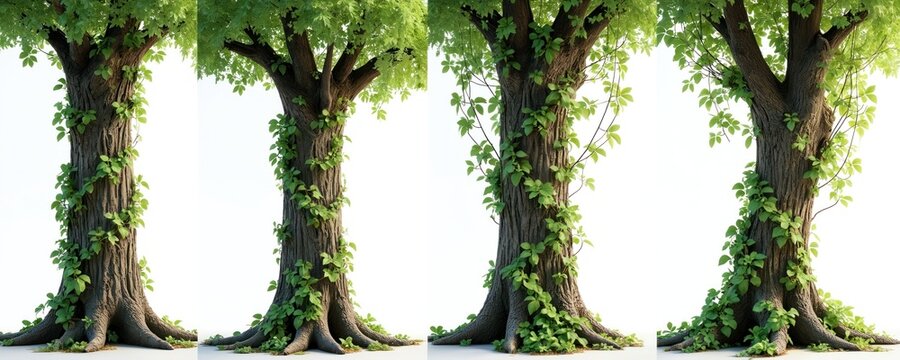 Majestic tree trunk with vibrant green vines winding upwards on clean white background. Isolated natural element showcasing rich foliage, twisted stems, prominent clipping path for easy integration.