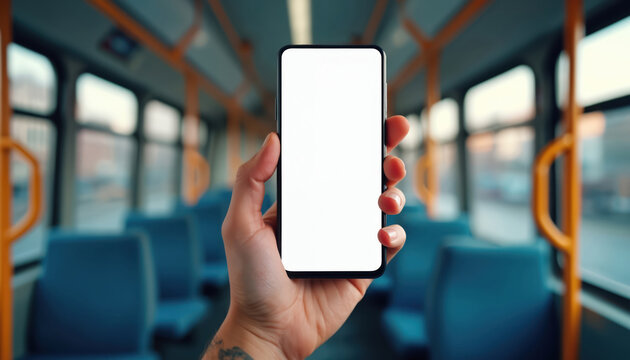Person holds smartphone with blank screen inside urban train. Mobile device mockup for apps, digital content. Public transport journey, communication, connectivity. Modern lifestyle tech for