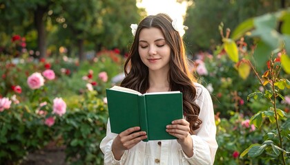 Serene Reading Moment in a Rose Garden