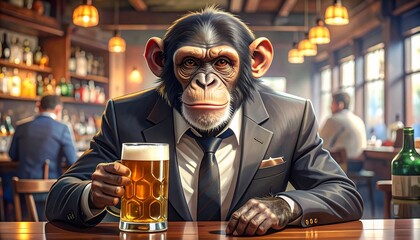 Chimpanzee in Suit Enjoying a Beer at a Bar, a Humorous and Surreal Concept
