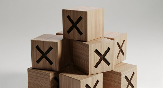 Wooden cubes with X marks stacked, representing decision, rejection, or error