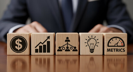 Business success metrics concept with dollar, growth, team, and idea icons