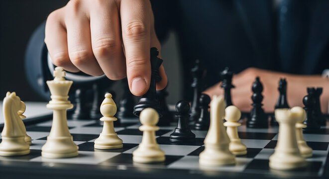 Strategic businessman makes decisive move in intense chess game, planning victory