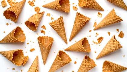 Scattered Empty Waffle Ice Cream Cones on White Background