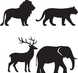 Black Silhouettes of Lion Tiger Deer and Elephant on White Background