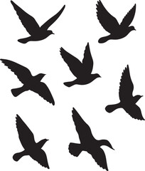 Obraz premium Seven Black Bird Silhouettes in Flight Against a White Background