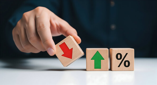 Business growth strategy visualized with upward arrow and percentage blocks