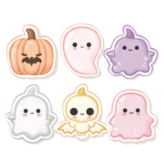 Halloween stickers cute ghosts pumpkin bat vector illustration set