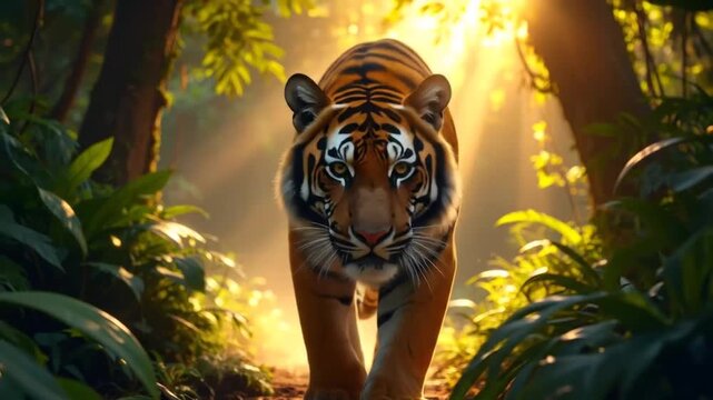 Majestic Tiger Strolling Through Lush Jungle Sunlight