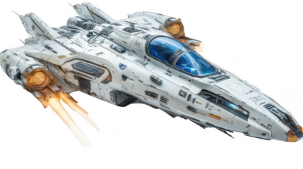 Futuristic white spaceship with glowing engines and blue cockpit detailed sci fi spacecraft with intricate design isolated on transparent background