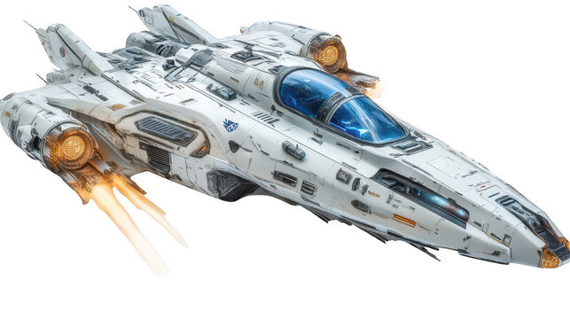 Futuristic white spaceship with glowing engines and blue cockpit detailed sci fi spacecraft with intricate design isolated on transparent background