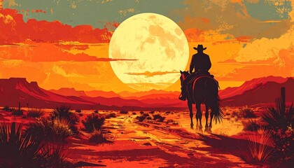 Fototapeta premium A lone cowboy rides his horse through a vibrant desert landscape under a large, bright moon during a fiery sunset.