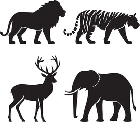 Black Silhouette Illustration of Lion Tiger Deer and Elephant on White Background