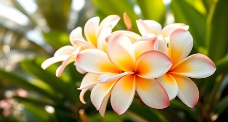 Fototapeta premium frangipani plumeria flower in bloom, vibrant petals, tropical garden background, soft sunlight, detailed texture