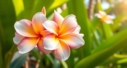 Fototapeta premium frangipani plumeria flower in bloom, vibrant petals, tropical garden background, soft sunlight, detailed texture