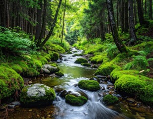Fototapeta premium A tranquil forest stream, flowing smoothly through a lush mossy landscape, bathed in natural light.