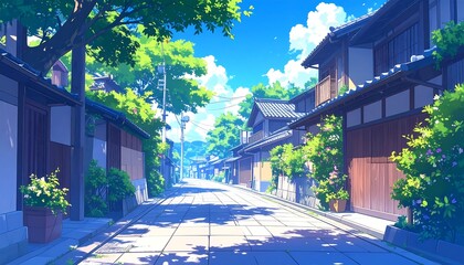 A serene, sun-drenched alleyway winds through a picturesque Japanese village, showcasing traditional architecture nestled amidst lush greenery.
