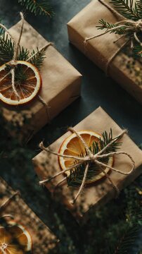 Gift boxes decorated with pine branches and rustic twine, stylish holiday wrapping concept