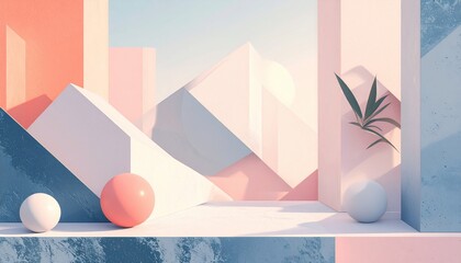 Geometric Composition Featuring Spheres and Abstract Shapes in Pastel Color Palette