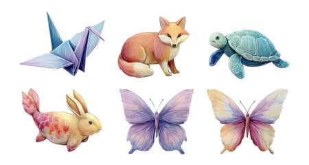 Fototapeta premium Colorful Isolated Animals and Origami Art on Transparent Background