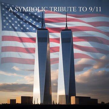 A symbolic tribute to 9/11 featuring the silhouette of the Twin Towers (World Trade Center) standing tall against a partly cloudy sky. Overlay an American flag with gentle transparency across the enti