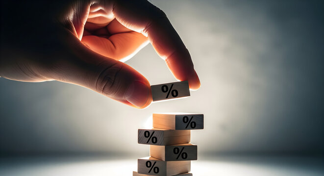 Hand stacking wooden blocks with percentage symbol, financial growth concept