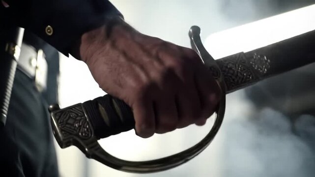 A man's hand grips the hilt of an ornate sword, smoke obscuring the background.