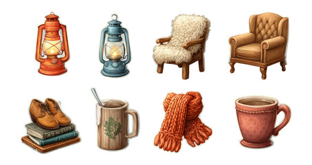 Cozy Home Decor Elements with Lanterns, Chairs, and Warm Accessories